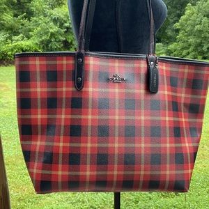 Coach plaid reversible tote with makeup bag